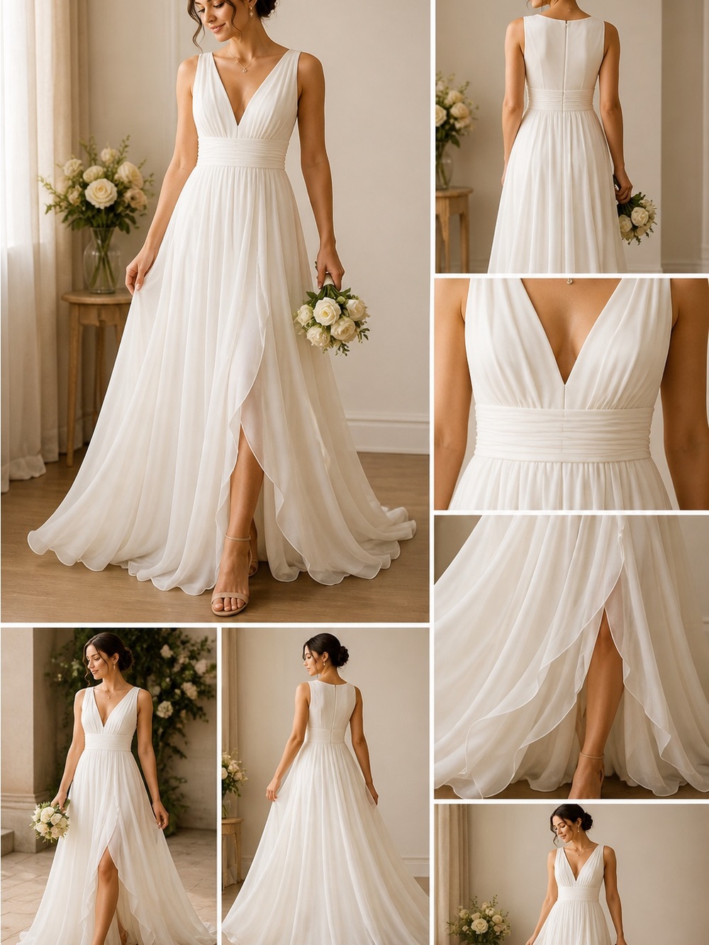 Elegant V-Neck Ivory Chiffon A-Line Dress